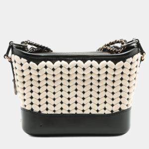 Pre Owned Chanel Black White Small Knit and Calfskin Gabrielle Hobo