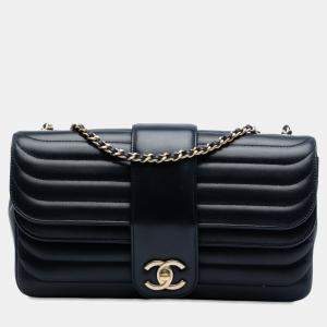 Pre Owned Chanel Navy Blue CC Horizontal Quilted Lambskin Double Flap