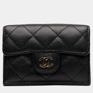 Pre Owned Chanel Black CC Quilted Caviar Flap Card Holder Wallet