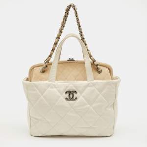 Pre Owned Chanel White/Cream Quilted Glazed Leather and Suede Portobello Tote 