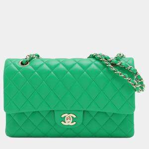 Pre Owned Chanel Green Medium Classic Lambskin Double Flap