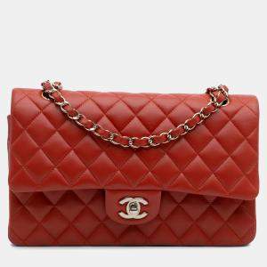Pre Owned Chanel Red Medium Classic Lambskin Double Flap
