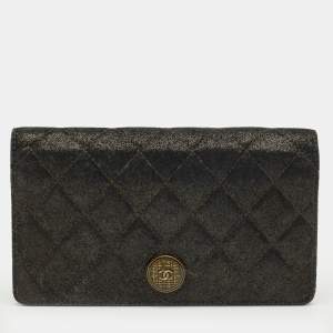 Pre Owned Chanel Black/Gold Quilted Suede Paris Edinburgh Long Wallet