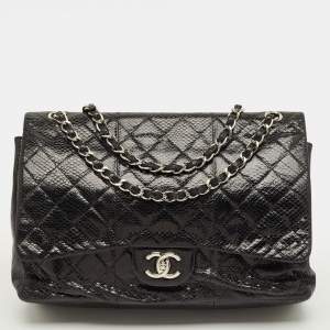 Pre Owned Chanel Black Quilted Lizard Maxi Classic Double Flap Bag