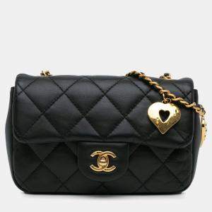 Pre Owned Chanel Black Mini Rectangular Quilted Lambskin Heart Charms Flap