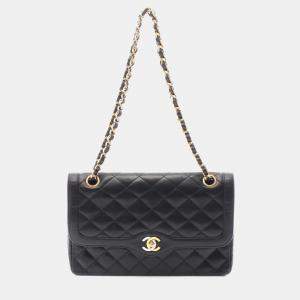 Pre Owned Chanel Matelasse Paris Limited W Flap Shoulder Bag Lambskin Sheepskin Black