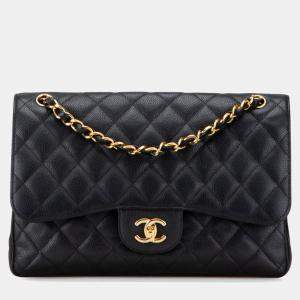 Pre Owned Chanel Matelasse Coco Mark Double Flap Chain Shoulder Bag Black Caviar Skin