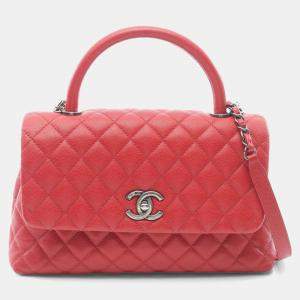 Pre Owned Chanel Coco Handle 29 Flap Matelasse Red  Caviar Skin Grained Calf Handbag 