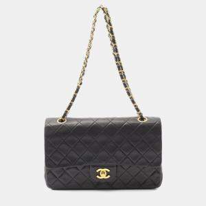 Pre Owned Chanel Matelasse Double Flap Shoulder Bag In Lambskin Leather Black