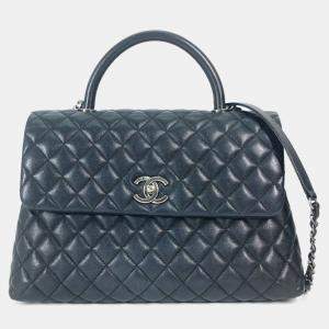 Pre Owned Chanel Cc Coco Mark Quilted Matelasse Blue Caviar Skin 2-Way  Top Handle Chain Shoulder Bag