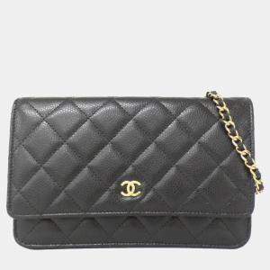 Pre Owned Chanel Timeless Classic Line Black Leather Chain Wallet