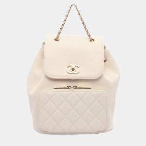 Pre Owned Chanel Matelasse Backpack Bag Leather Grained Calfskin White