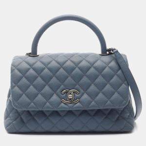 Pre Owned Chanel Coco Handle 29 Flap Matelasse Handbag Caviar Skin Grained Calf Blue