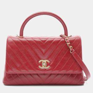 Pre Owned Chanel Coco Handle 29 Flap V Stitch Chevron Handbag Leather Red