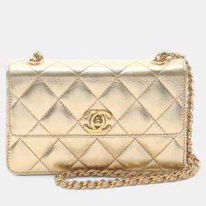 Pre Owned Chanel Mini Matelasse Shoulder Bag Lambskin Leather Gold