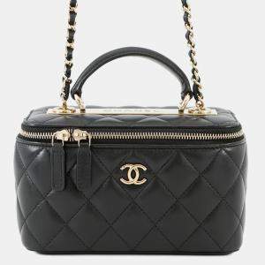 Pre Owned Chanel Chain Shoulder Bag Matelasse Coco Mark Vanity Lambskin Black