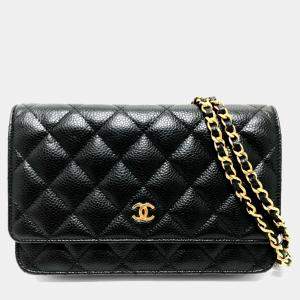 Pre Owned Chanel Coco Mark Classic Long Wallet Matelasse Chain Shoulder Bag Caviar Skin Black