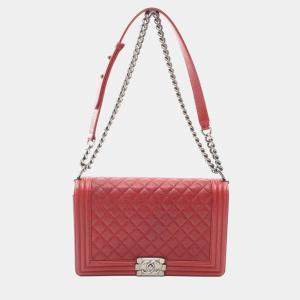 Pre Owned Chanel Boy Chanel Large Chevron Shoulder Bag Caviar Skin Grained Calf Red