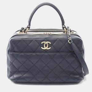 Pre Owned Chanel Matelasse Bowling Bag Shoulder In Lambskin Sheepskin Navy Blue