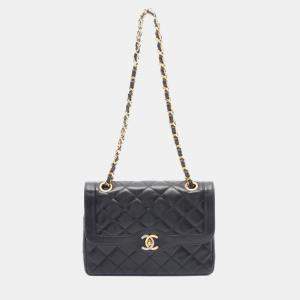 Pre Owned Chanel Matelasse Paris Limited Edition Double Flap Shoulder Bag In Lambskin Leather Black