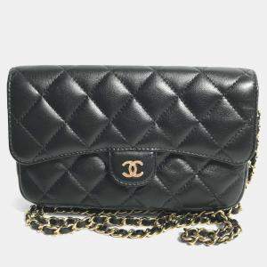 Pre Owned Chanel Coco Mark Phone Case Wallet Cc Matelasse Chain Long Wallet Black Lambskin