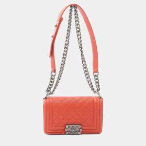 Pre Owned Chanel Boy Chanel Small Shoulder Bag Caviar Skin Grained Calf Orange