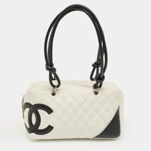 Pre Owned Chanel White/Black Quilted Leather Cambon Ligne Bowler Bag