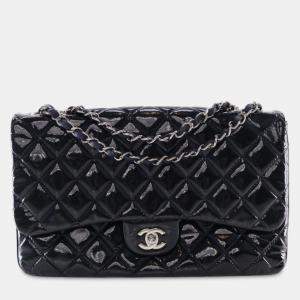 Pre Owned Chanel Navy Blue Jumbo Quilted Patent 3 Compartment Flap