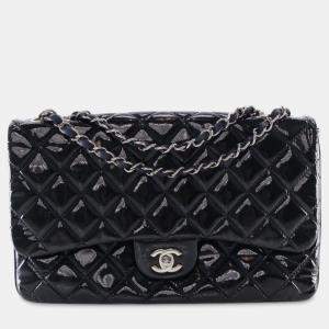 Pre Owned Chanel Navy Blue Jumbo Quilted Patent 3 Compartment Flap