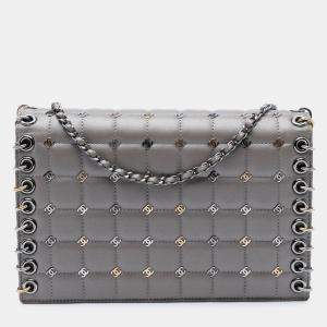Pre Owned Chanel Grey Small Lambskin Chocolate Bar CC Piercing Studded Chain Flap