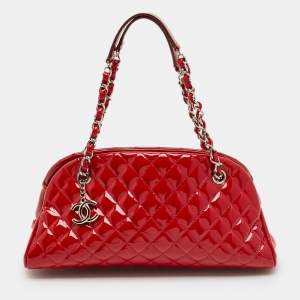 Pre Owned Chanel Red Quilted Patent Leather Medium Just Mademoiselle Bag