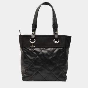Pre Owned Chanel Black Small Quilted Coated Canvas Paris Biarritz Tote