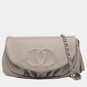Pre Owned Chanel Brown CC Caviar Half Moon Wallet on Chain