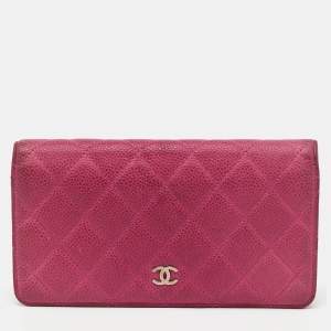 Pre Owned Chanel Pink Quilted Caviar Leather L Yen Long Wallet