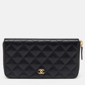 مملوكة مسبقًا Chanel Black Quilted Caviar Leather CC Zip Around Wallet