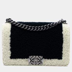 Pre Owned Chanel Black Old Medium Bicolor Shearling Boy Flap