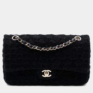 Pre Owned Chanel Black Medium Classic Tweed Single Flap