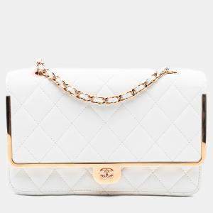 Pre Owned Chanel White CC Quilted Lambskin Frame Wallet On Chain