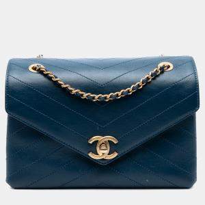 Pre Owned Chanel Blue Small Chevron Lambskin Stitched Envelope Flap