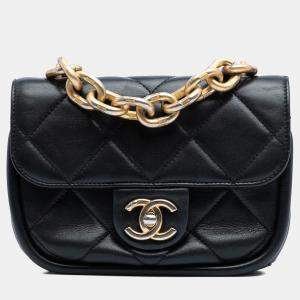 Pre Owned Chanel Black Mini Quilted Lambskin Chain Top Handle Flap