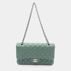 Pre Owned Chanel Classic Double Flap Green Leather Shoulder Bag