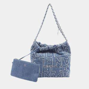Pre Owned Chanel 22 Small Fringed Logo Quilted Denim Chain Hobo Bag