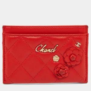 Pre Owned Chanel Red Quilted Leather CC Camelia Card Holder