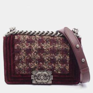Pre Owned Chanel Boy Small Bordeaux Tweed, Leather Shoulder Bag