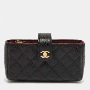 Pre Owned Chanel Black Quilted Caviar Leather CC Phone Holder Pouch