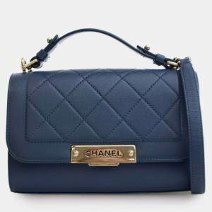 Pre Owned Chanel Blue Small Quilted Grained Calfskin Label Click Flap