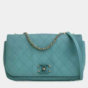Pre Owned Chanel Blue Medium Stitched Calfskin Covered CC Flap