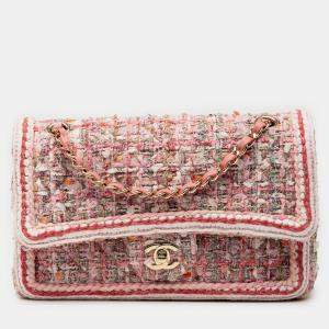 Pre Owned Chanel Pink Medium Classic Quilted Tweed Braided Double Flap