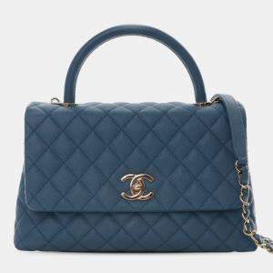 Pre Owned Chanel Blue Small Quilted Caviar Coco Top Handle Bag