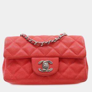 Pre Owned Chanel Red Extra Mini Rectangular Classic Caviar Single Flap